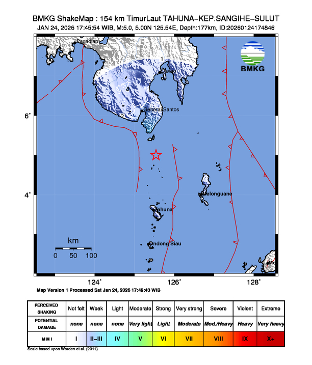 Gempa Magnitudo 5.0, 154km dari Timur Laut Kepulauan Sangihe, Sulawesi Utara