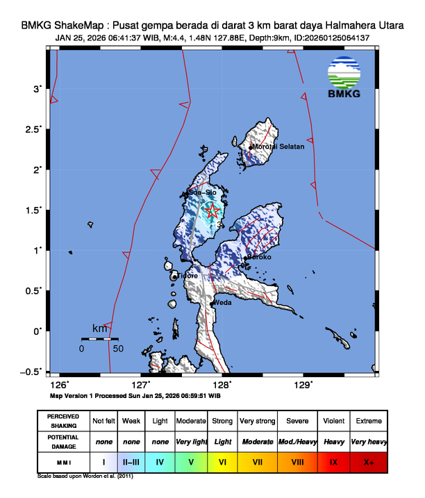Gempa Magnitudo 4.4, 3km dari Barat Daya Halmahera Utara, Maluku Utara
