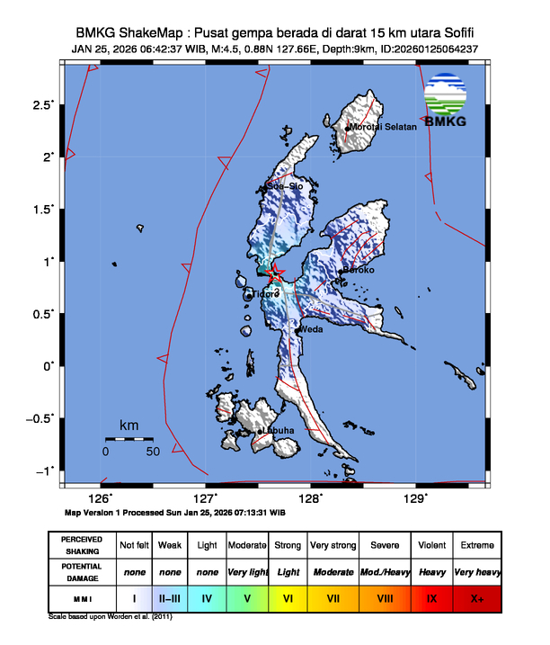 Gempa Magnitudo 4.5, 15km dari Utara Sofifi, Tidore Kepulauan, Maluku Utara