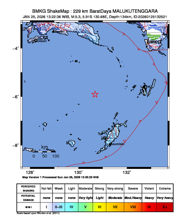Gempa Magnitudo 5.3, 229km dari Barat Daya Maluku Tenggara, Maluku