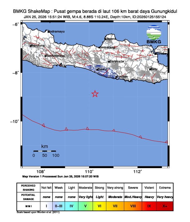 Gempa Magnitudo 4.6, 106km dari Barat Daya Gunungkidul, Daerah Istimewa Yogyakarta