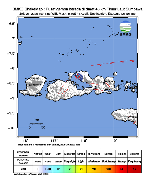 Gempa Magnitudo 3.4, 46km dari Timur Laut Sumbawa, Nusa Tenggara Barat