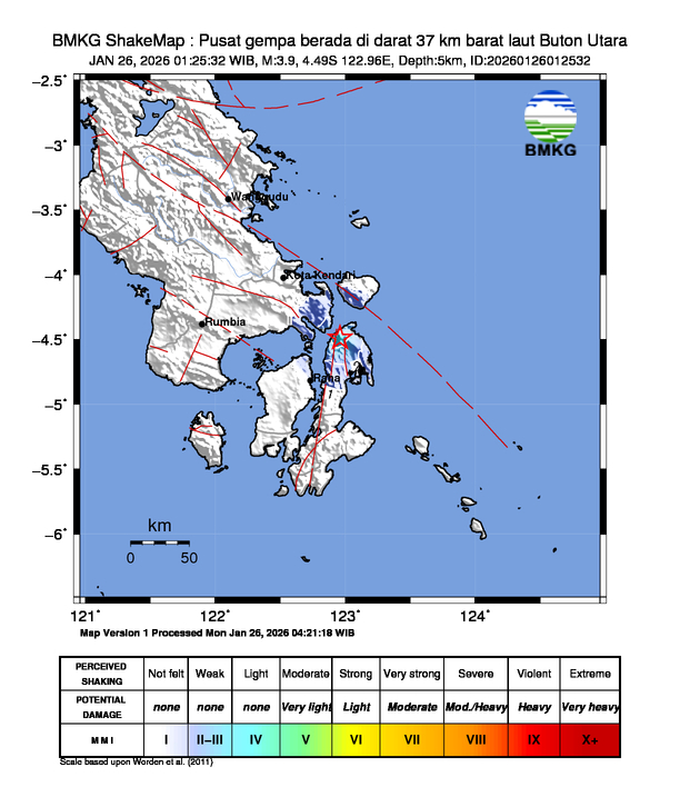 Gempa Magnitudo 3.9, 37km dari Barat Laut Buton Utara, Sulawesi Tenggara