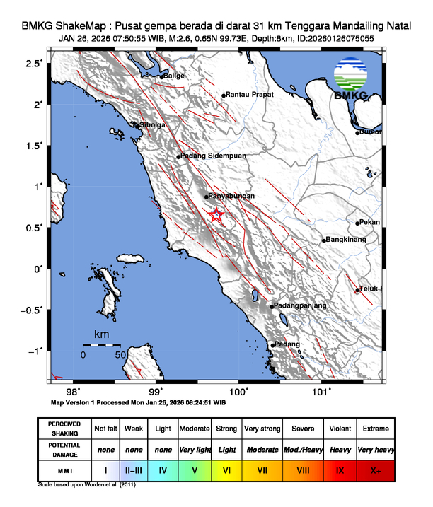 Gempa Magnitudo 2.6, 31km dari Tenggara Mandailing Natal, Sumatera Utara