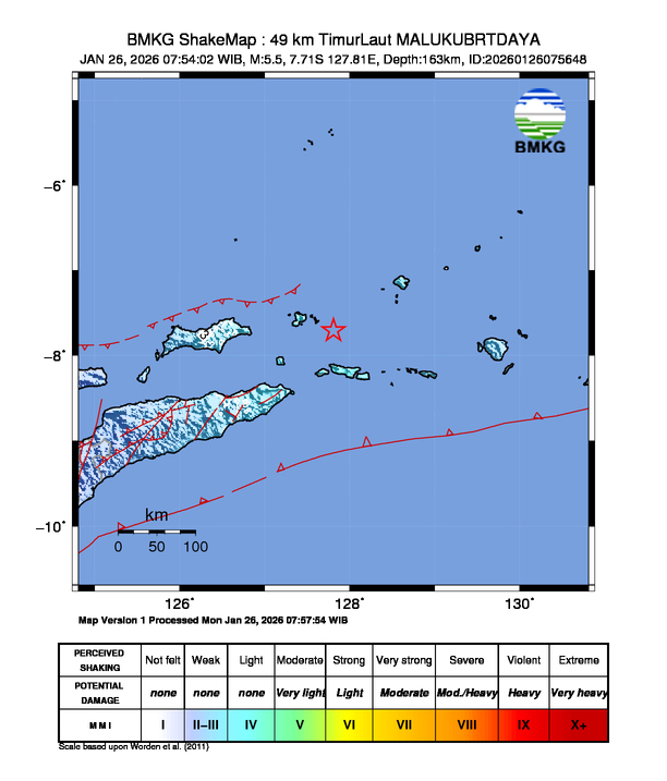 Gempa Magnitudo 5.5, 49km dari Timur Laut Maluku Barat Daya, Maluku