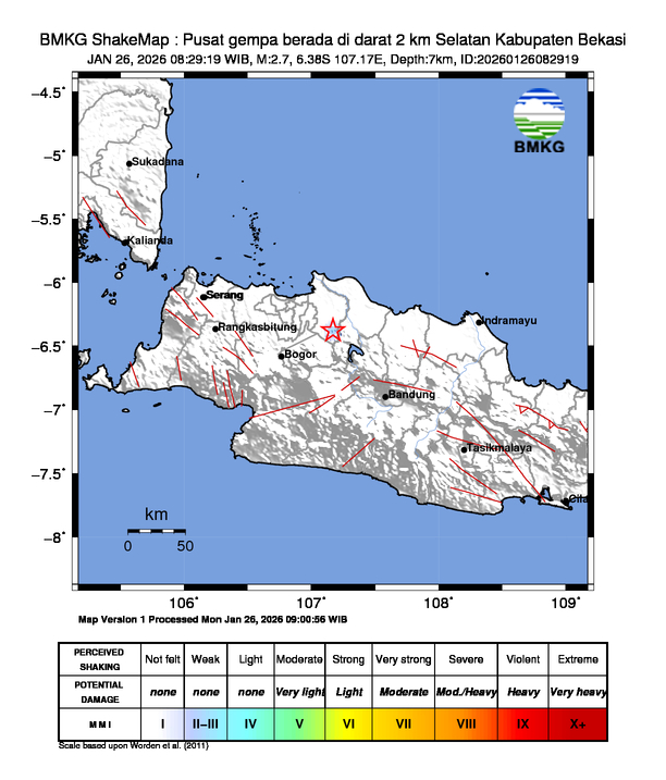 Gempa Magnitudo 2.7, 2km dari Selatan Kabupaten Bekasi, DKI Jakarta