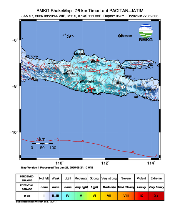 Gempa Magnitudo 5.5, 25km dari Timur Laut Pacitan, Jawa Timur