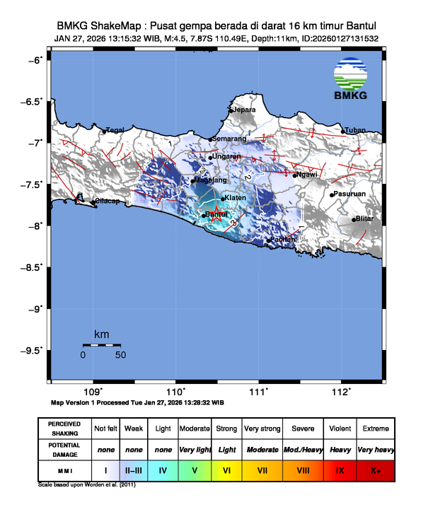 Gempa Magnitudo 4.5, 16km dari Timur Bantul, Yogyakarta