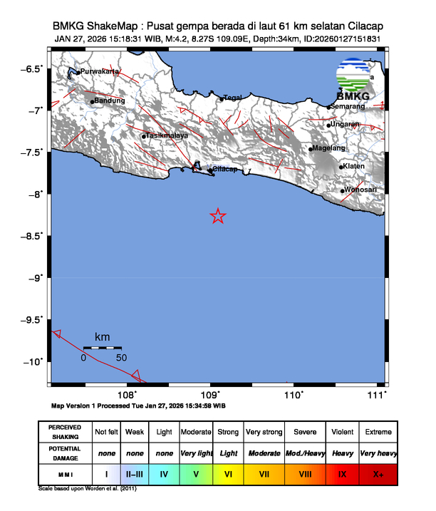 Gempa Magnitudo 4.2, 61km dari Selatan Cilacap, Jawa Tengah