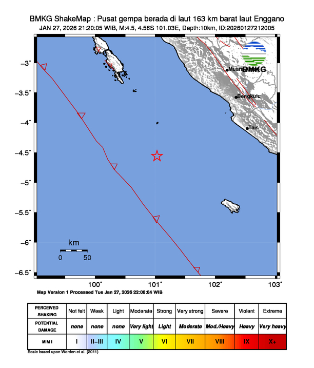 Gempa Magnitudo 4.5, 163km dari Barat Laut Enggano, Bengkulu