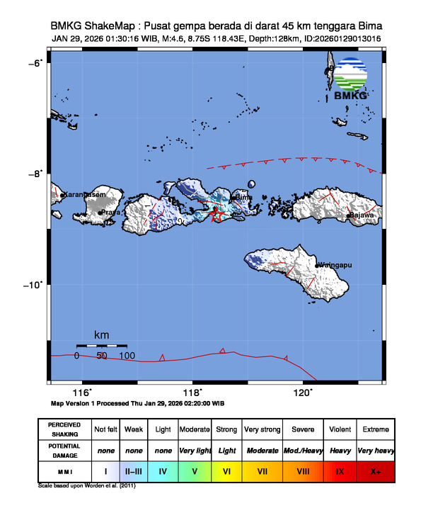 Gempa Magnitudo 4.6, 45km dari Tenggara Bima, Nusa Tenggara Barat