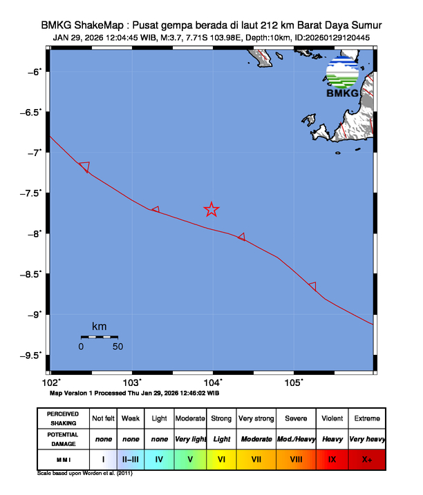 Gempa Magnitudo 3.7, 212km dari Barat Daya Pandeglang, Banten