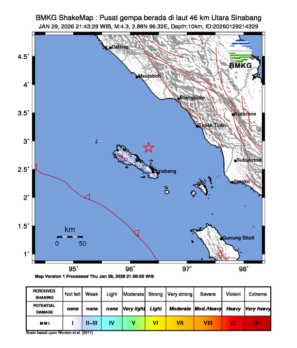 Gempa Magnitudo 4.3, 46km dari Utara Sinabang, Aceh