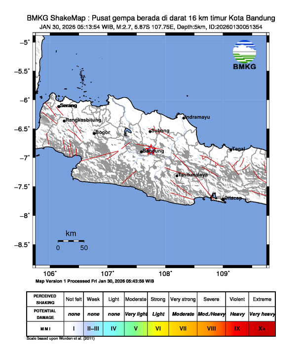 Gempa Magnitudo 2.7, 16km dari Timur Kota Bandung, Jawa Barat