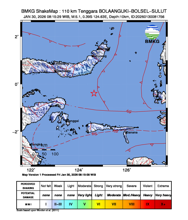 Gempa Magnitudo 5.1, 110km dari Tenggara Bolaang Selatan, Sulawesi Utara