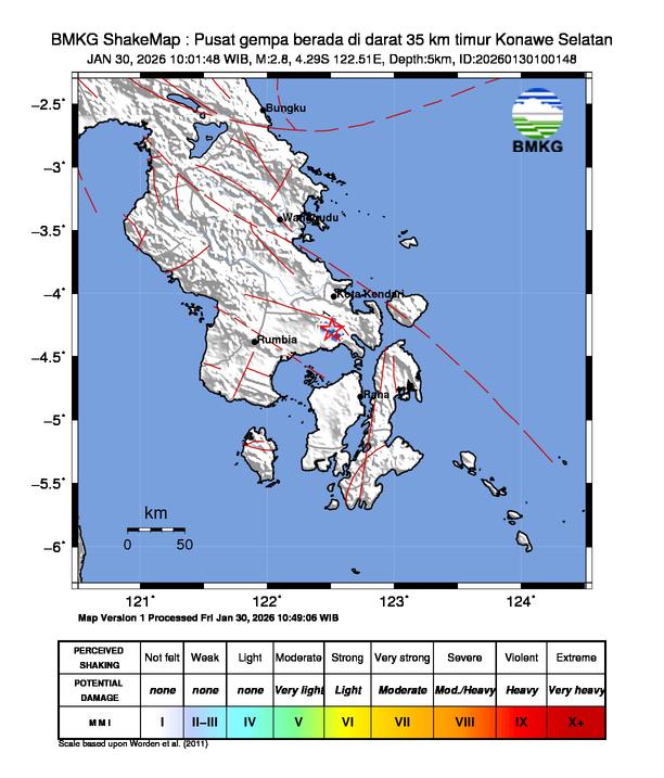 Gempa Magnitudo 2.8, 35km dari Timur Konawe Selatan, Sulawesi Tenggara