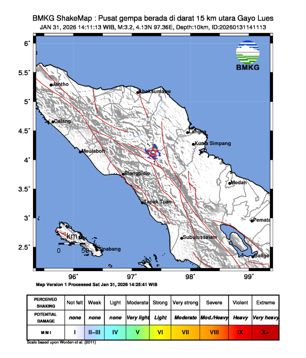 Gempa Magnitudo 3.2, 15km dari Utara Gayo Lues, Aceh