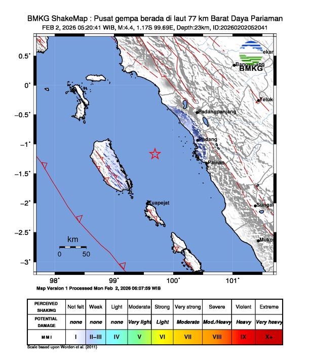 Gempa Magnitudo 4.4, 77km dari Barat Daya Pariaman, Sumatera Barat