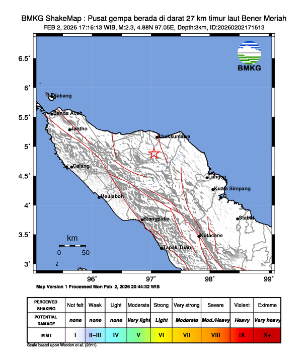 Gempa Magnitudo 2.3, 27km dari timur laut Bener Meriah, Aceh