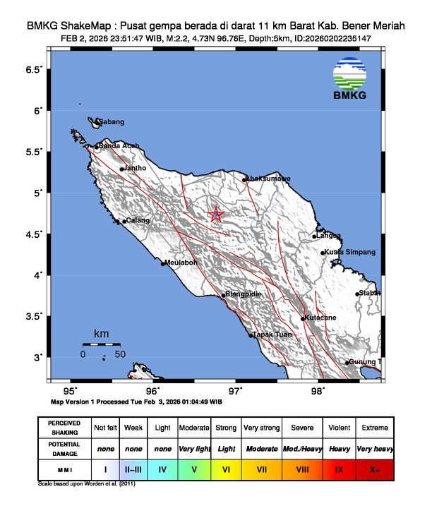 Gempa Magnitudo 2.2, 11km dari Barat Bener Meriah, Aceh