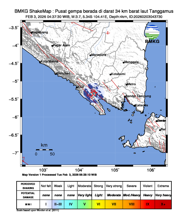Gempa Magnitudo 3.7, 34km dari Barat Laut Tanggamus, Lampung