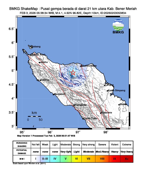 Gempa Magnitudo 4.1, 21km dari Utara Bener Meriah, Aceh