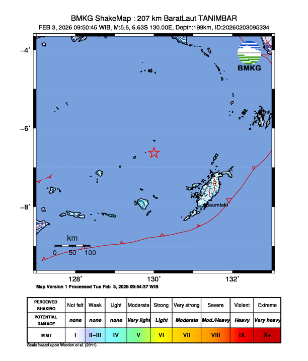 Gempa Magnitudo 5.6, 207km dari Barat Laut Tanimbar, Maluku