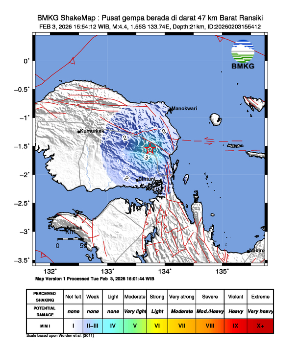 Gempa Magnitudo 4.4, 47km dari Barat Manokwari Selatan, Papua Barat