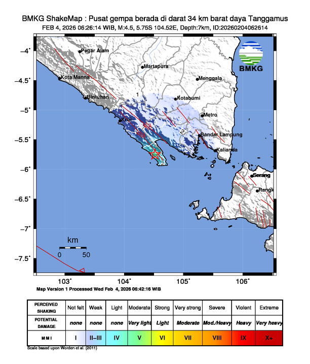 Gempa Magnitudo 4.5, 34km dari Barat Daya Tanggamus, Lampung