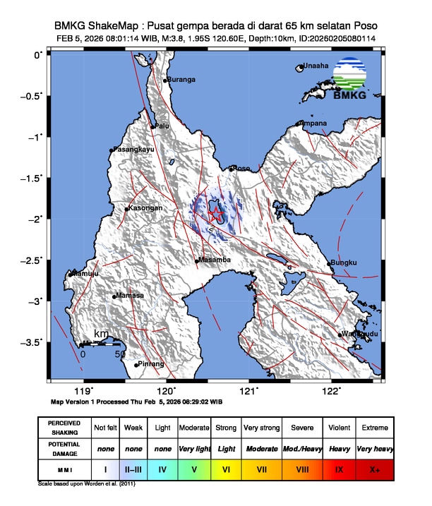 Gempa Magnitudo 3.8, 65km dari Selatan Poso, Sulawesi Tengah