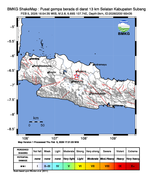Gempa Magnitudo 2.8, 13km dari Selatan Subang, Jawa Barat