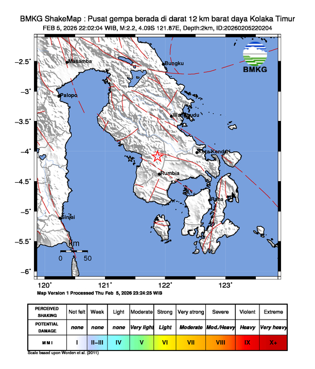 Gempa Magnitudo 2.2, 12km dari Barat Daya Kolaka Timur, Sulawesi Tenggara