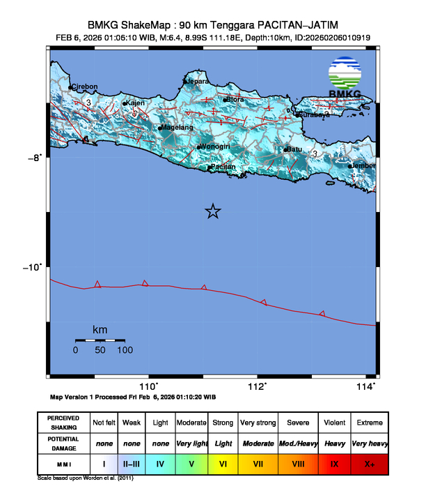 Gempa Magnitudo 6.4, 90km dari Tenggara Pacitan, Jawa Timur