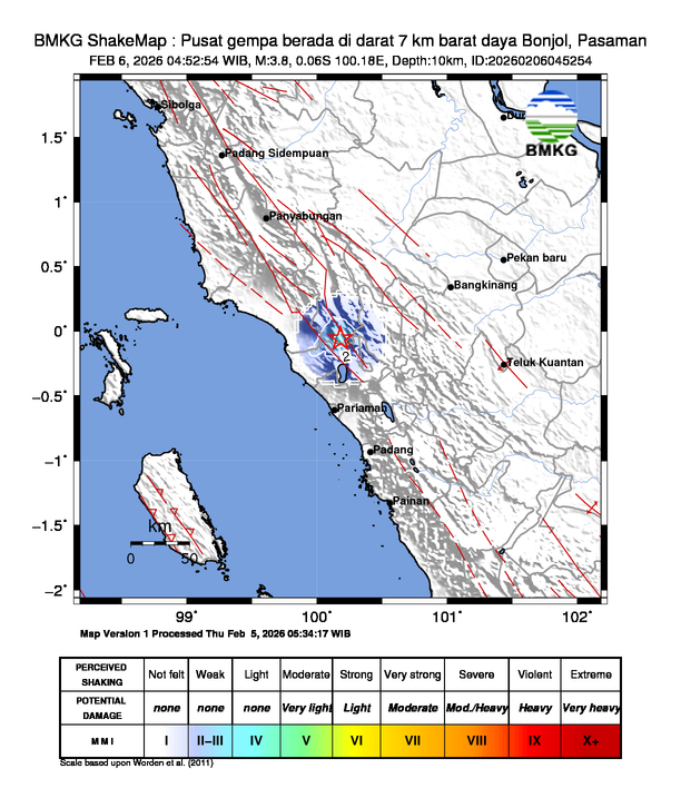 Gempa Magnitudo 3.8, 7km dari Barat Daya Bonjol, Pasaman, Sumatera Barat