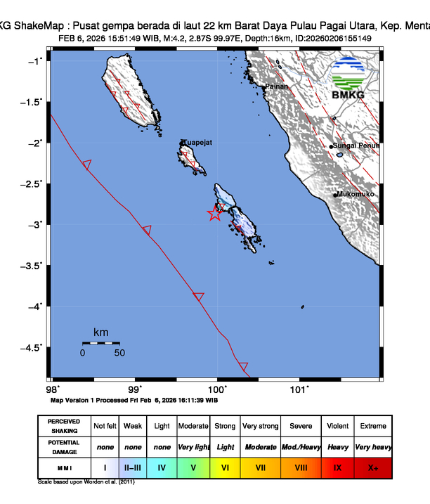 Gempa Magnitudo 4.2, 22km dari Barat Daya Pulau Pagai Utara, Mentawai, Sumatera Barat