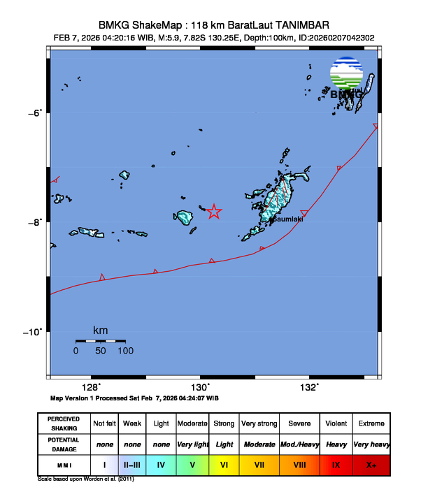 Gempa Magnitudo 5.9, 118km dari Barat Laut Tanimbar, Maluku