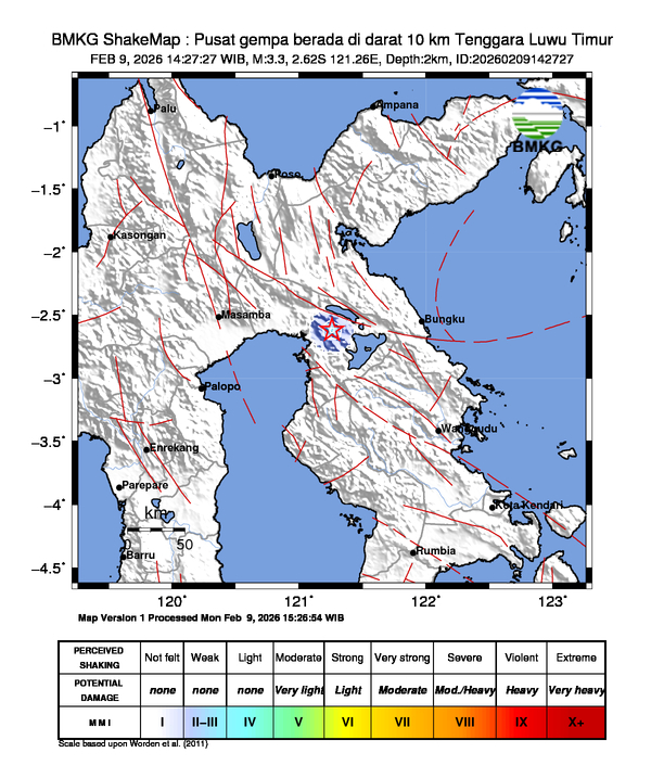 Gempa Magnitudo 3.3, 10km dari Tenggara Luwu Timur, Sulawesi Selatan