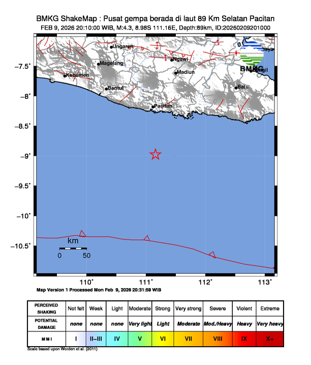 Gempa Magnitudo 4.3, 89 Km Selatan Pacitan, Jawa Timur