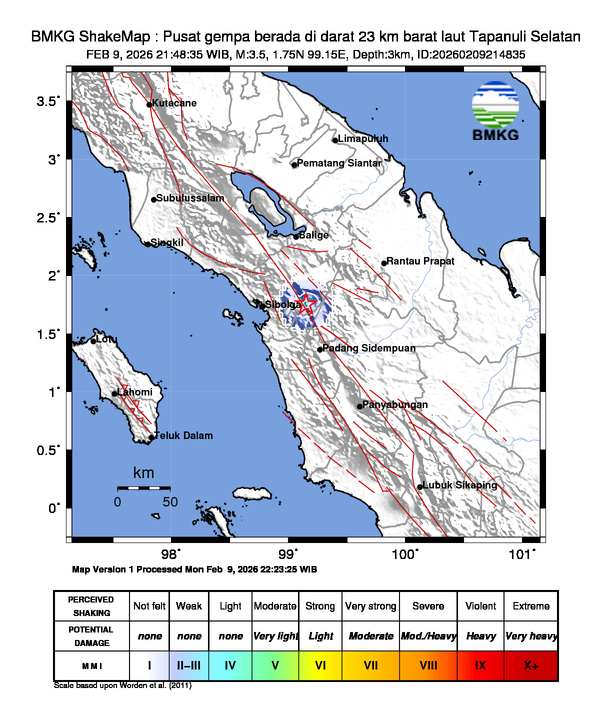 Gempa Magnitudo 3.5, 23km dari Barat Laut Tapanuli Selatan, Sumatera Utara