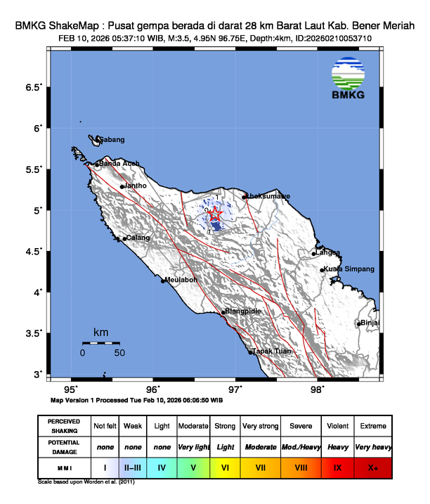 Gempa Magnitudo 3.5, 28km dari Barat Laut Bener Meriah, Aceh