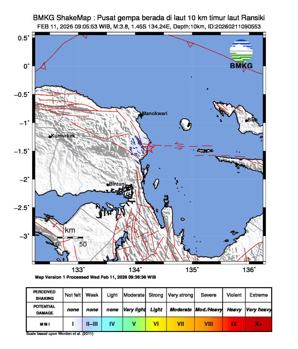Gempa Magnitudo 3.8, 10km dari Timur Laut Manokwari Selatan, Papua Barat