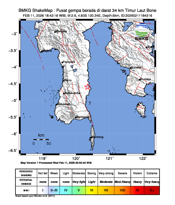 Gempa Magnitudo 2.6, 34km dari Timur Laut Bone, Sulawesi Selatan