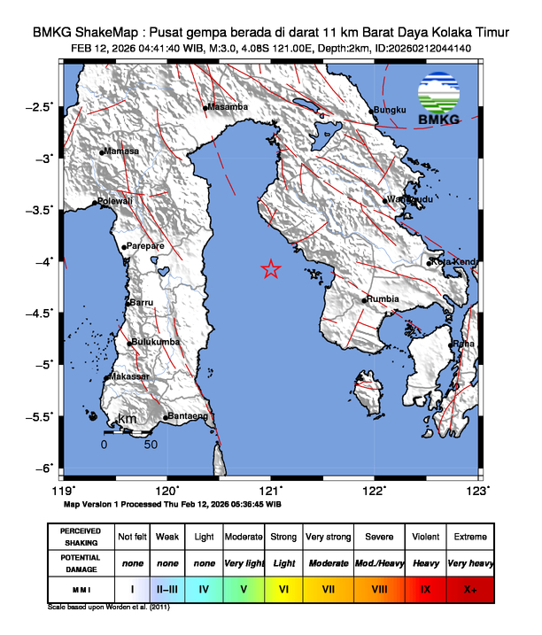 Gempa Magnitudo 3.0, 11km dari Barat Daya Kolaka Timur, Sulawesi Tenggara