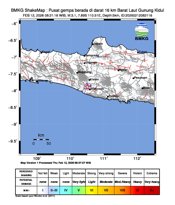 Gempa Magnitudo 3.1, 16km dari Barat Laut Gunung Kidul, Yogyakarta