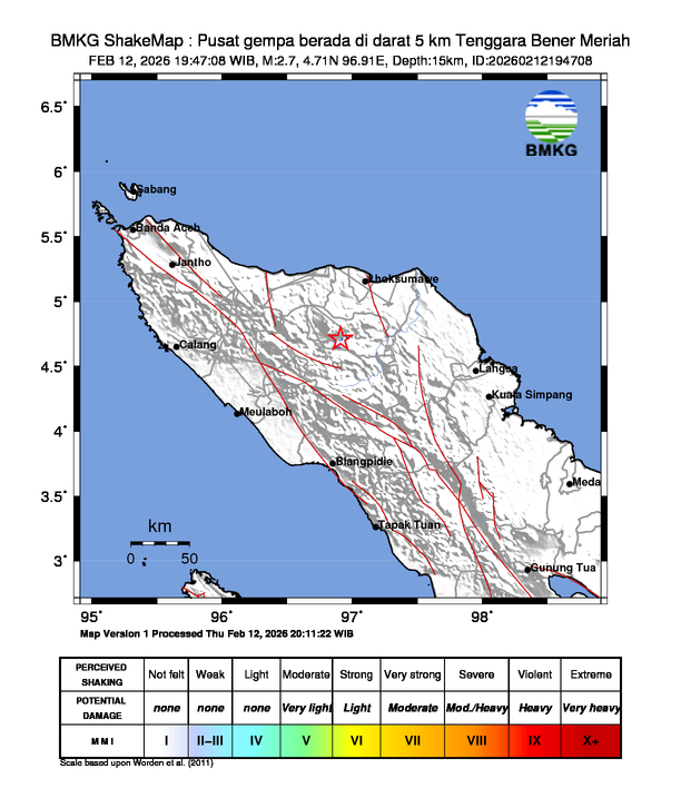 Gempa Magnitudo 2.7, 5km dari Tenggara Bener Meriah, Aceh