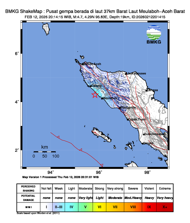 Gempa Magnitudo 4.7, 37km Barat Laut Meulaboh, Aceh Barat