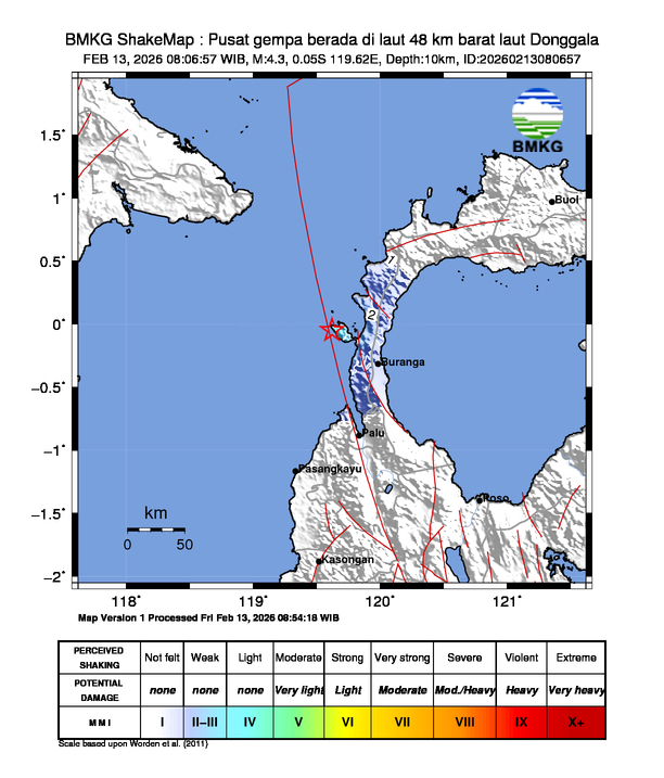 Gempa Magnitudo 4.3, 48km dari Barat Laut Donggala, Sulawesi Tengah