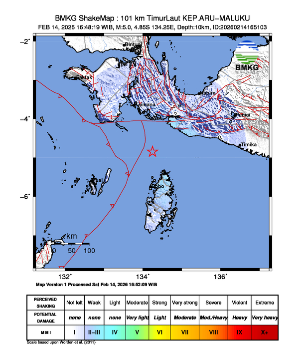 Gempa Magnitudo 5.0, 101km dari Timur Laut Kepulauan Aru, Maluku