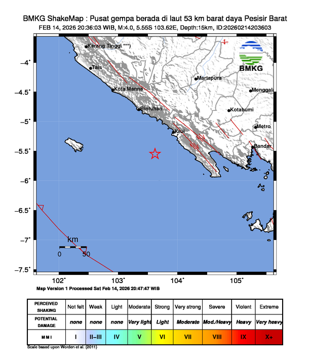 Gempa Magnitudo 4.0, 53km dari barat daya Pesisir Barat