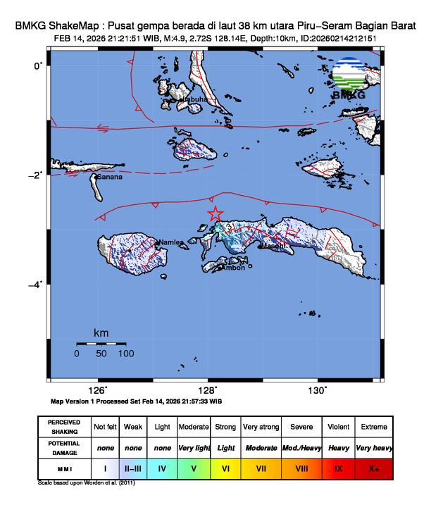 Gempa Magnitudo 4.9, 38km dari utara Piru-Seram Bagian Barat